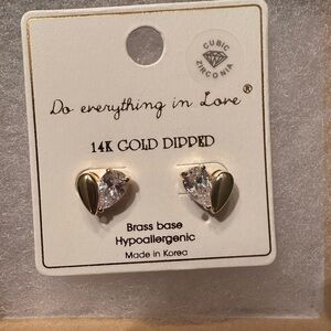 14K Gold Dipped Half Cz Heart Stud Earrings